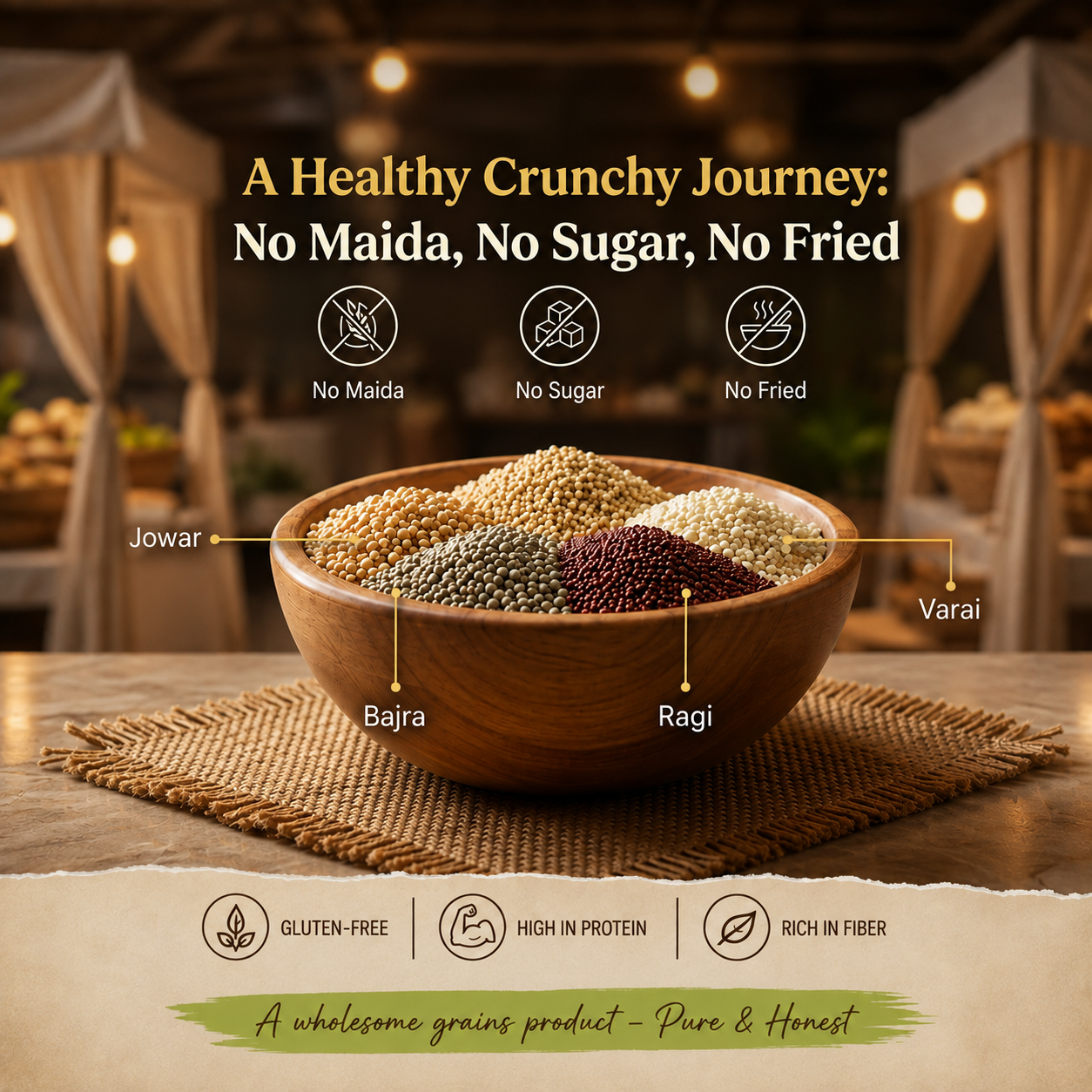 A healthy crunchy journey with no maida, no sugar, no fried — assorted millets in a wooden bowl
